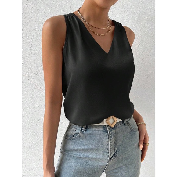 minimalist Solid V Neck Tank Top workwear office business casual cream - Picture 7 of 12